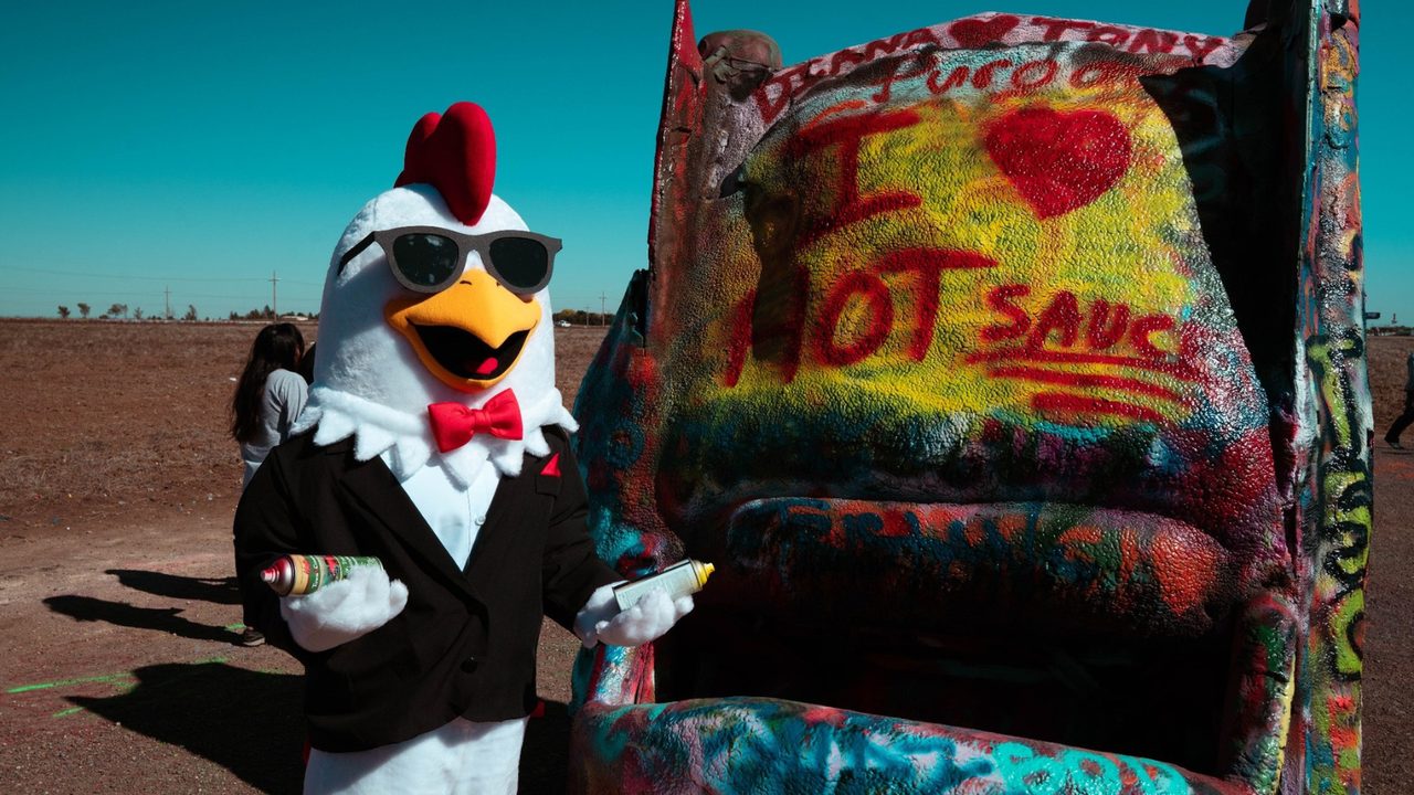 The Sticky Chikky mascot — a chicken in a tuxedo and sunglasses holding spray cans — poses next to a graffiti-covered car reading I love hot sauce, at Cadillac Ranch in Amarillo