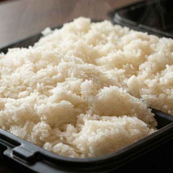 A close-up of sticky rice packed into a black takeout container, soft and slightly glossy, still steaming